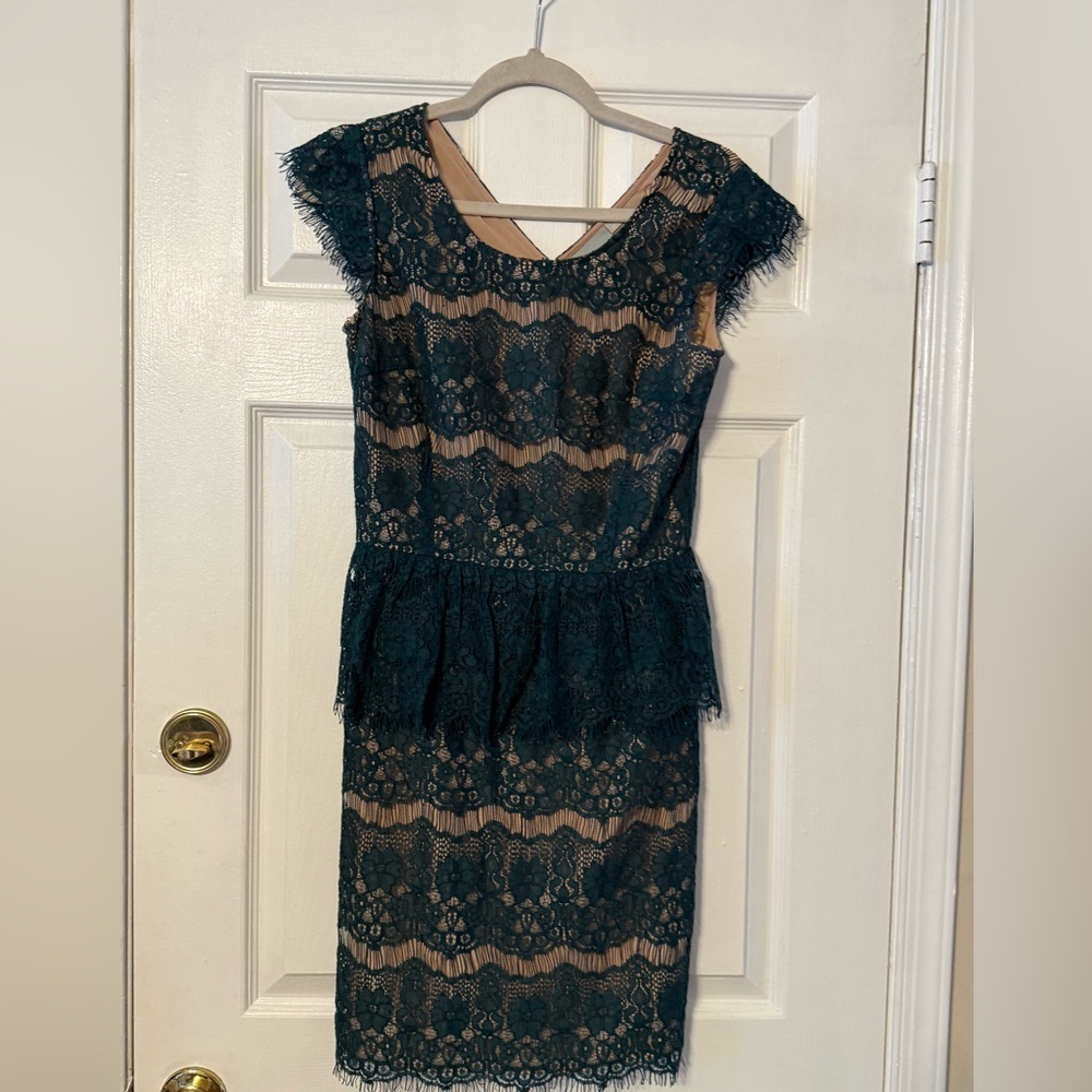 Maeve Dark Green Lace Peplum Midi Dress with Nude Lining